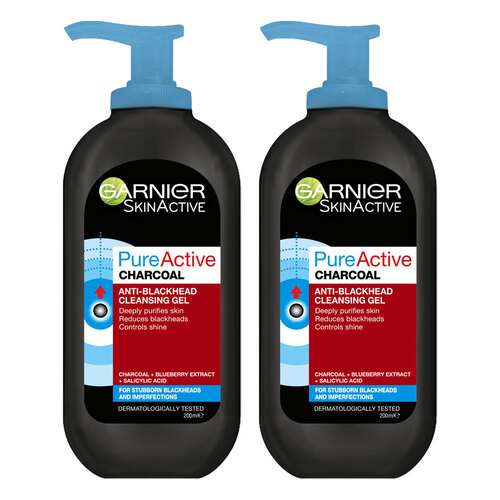 2PK Garnier 200ml Pure Active Charcoal Anti Blackhead Cleansing Gel