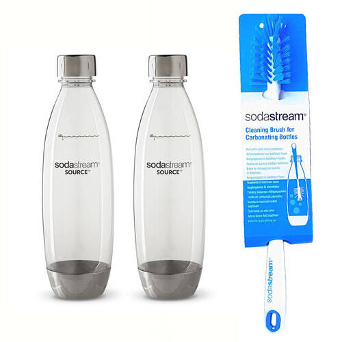 1L SodaStream Bottles (Twin Pack - Metal) + Cleaning Brush