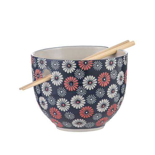 Ladelle Nara Flora Ceramic Noodle Bowl w/ Chopsticks Japanese Style Assorted
