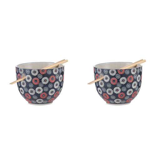 2PK Ladelle Nara Flora Ceramic Noodle Bowl w/ Chopsticks Japanese Style Assorted