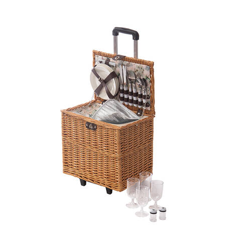 Ladelle Panama 4 Person Trolley Wheeled Woven Picnic Basket Portable Brown