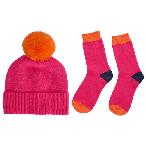 Annabel Trends Winter Beanie Hat & Socks Set w/ Pompom One Size Hot Pink