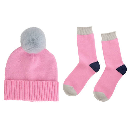 Annabel Trends Winter Beanie Hat & Socks Set w/ Pompom One Size Light Pink