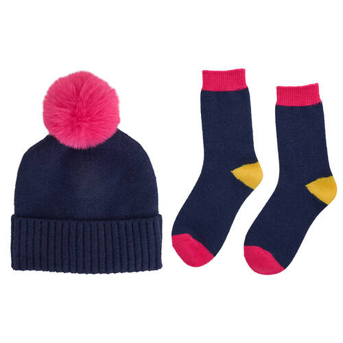 Annabel Trends Winter Beanie Hat & Socks Set w/ Pompom One Size Navy