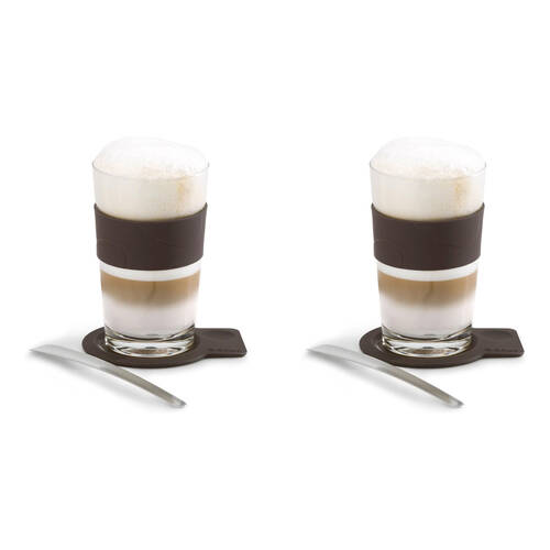 2PK Blomus Desa Latte Macchiato Coffee Glass Cup w/ Spoon & Silicone Coaster White
