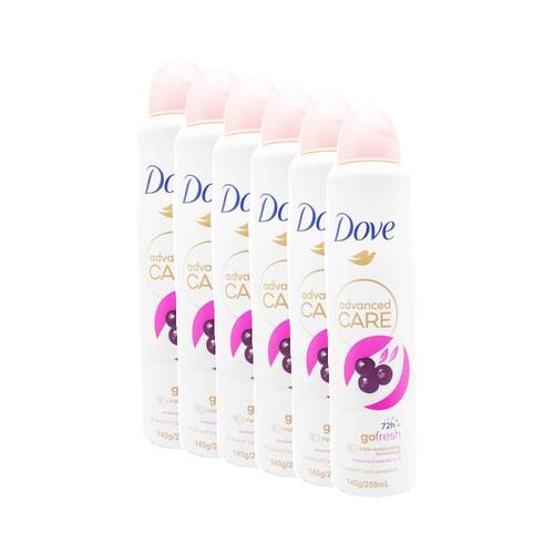 6PK Dove Antiperspirant Spray 72 Hour Protection 250mL Acai Berry Waterlily