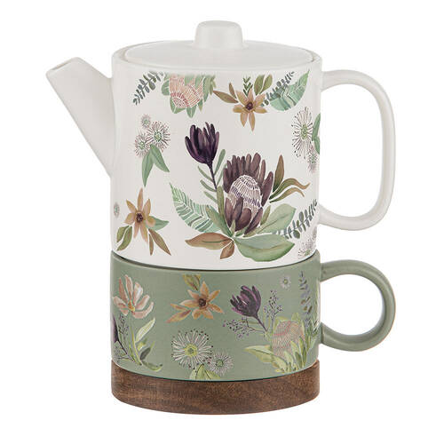 Leura 250ml Porcelain Cup/470ml Teapot w/ Acacia Coaster Set Tea For One