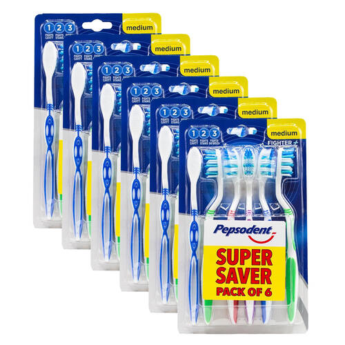 6x 6pc Pepsodent Medium Bristle Fighter + Toothbrush Pack Teeth Cleaning Care