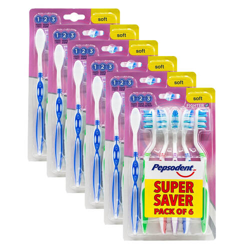 6x 6pc Pepsodent Soft Bristle Fighter + Toothbrush Pack Teeth Cleaning Care