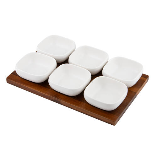 7pc Ladelle Essentials Serve Bowl & Wooden Tray Set 34.5cm - White