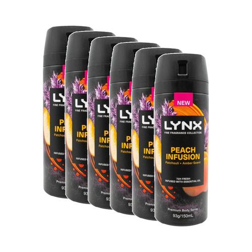 6PK Lynx Body Spray Premium Fragrance Collection 72hr Fresh 150mL Peach Infusion