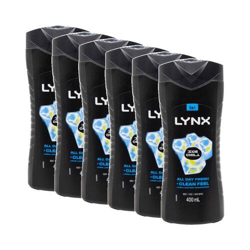 6PK Lynx 3-In-1 Body Face Hair Shower Gel for Men All Day Fresh 400ml Ice Chill