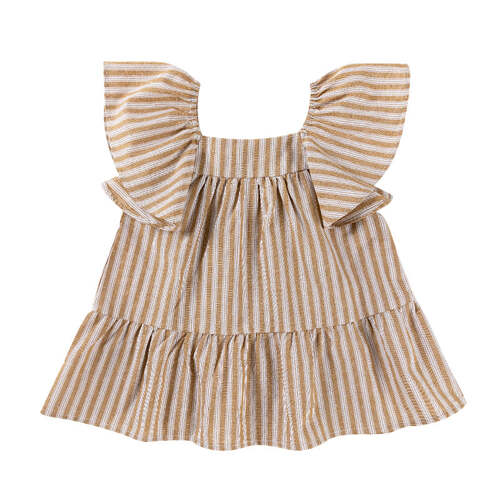 Ponchik Cotton Frill Sleeve Dress Wheat Stripe Size 12-18m