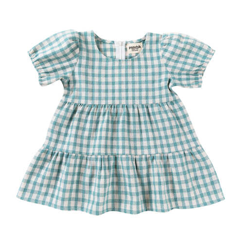 Ponchik Cotton Puff Sleeve Dress Peacock Gingham Size 4y
