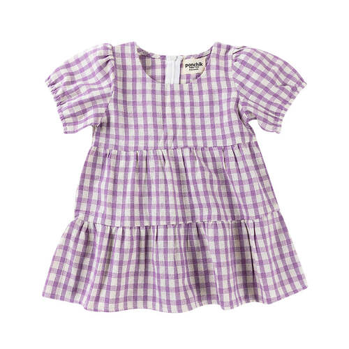 Ponchik Cotton Puff Sleeve Dress Lilac Gingham Size 2y