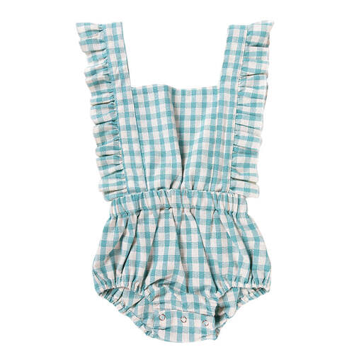 Ponchik Ruffle Back Romper Peacock Gingham Size 0-3m