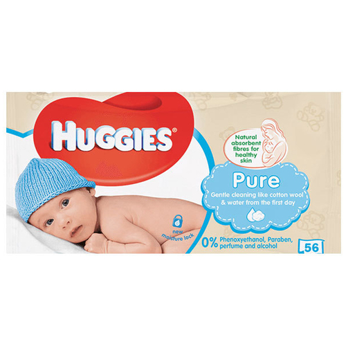 Huggies Pure Soft Gentle Baby Wipes W/ Natural Fibres For Sensitive Skin 56 Wipes Packet