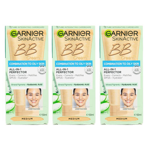 3PK Garnier SkinActive 50ml BB Cream Medium For Combination To Oily Skin