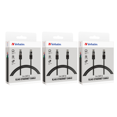 3x Verbatim CAT6 1m Ethernet WiFi Cable RJ45 Cord - Black