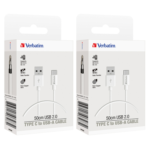 2x Verbatim Charge & Sync USB To USB-C Cable 50cm - White