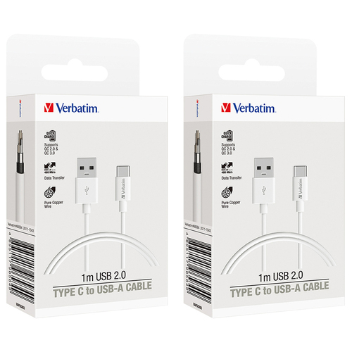 2x Verbatim Charge & Sync USB To USB-C Cable 1m - White
