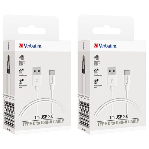 2x Verbatim Charge & Sync USB To USB-C Cable 1m - White
