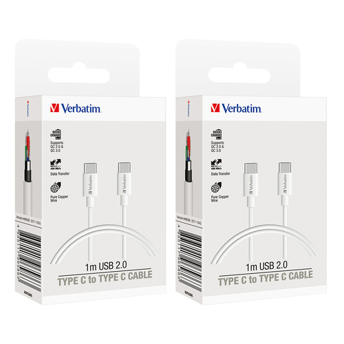 2x Verbatim Charge & Sync USB-C to USB-C Cable 1m - White