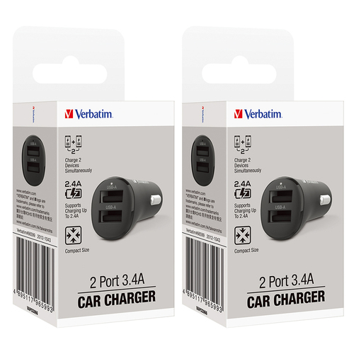 2x Verbatim 3.4A Dual USB Car Charger Port For Mobile Phones - Black