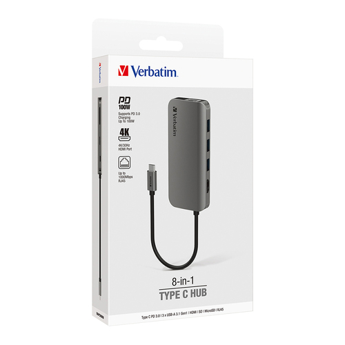 Verbatim 8-in-1 USB-C to HDMI/RJ45/SD/microSD 100W Hub - Grey