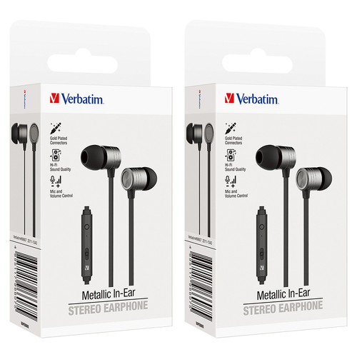 2x Verbatim In-Ear Earphones w/ Mic & Volume Control - Space Grey