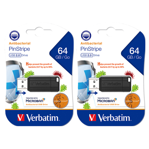 2x Verbatim Pinstripe USB 2.0 Drive 64GB Black Microban