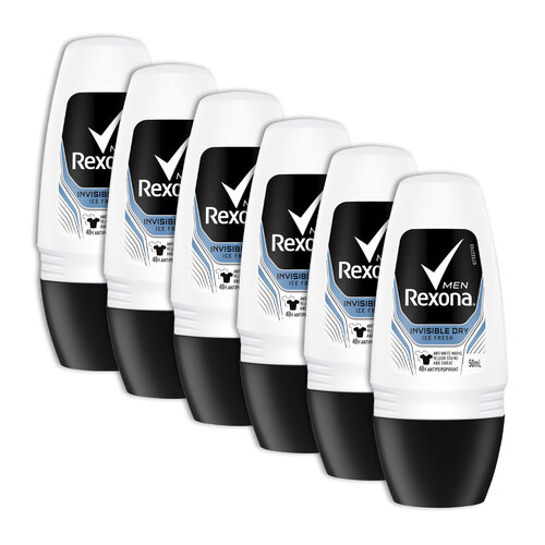 6PK Rexona Deodorant Men Roll On Invisible Dry Ice Fresh 50ml