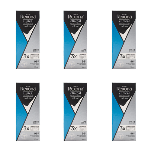 6PK Rexona Men 50ml Roll On Antiperspirant Deodorant Clinical Protect Clean Scent