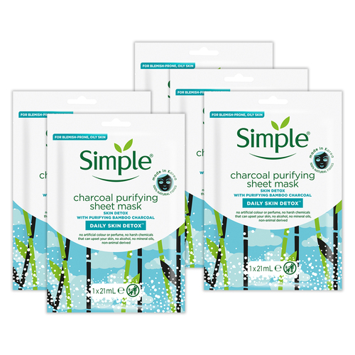 5PK Simple 21ml Charcoal Purifying Sheet Mask Daily Skin Detox