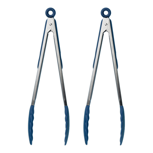 2PK Tasty Silicone Tongs Kitchen Utensil 38cm Blue/Silver