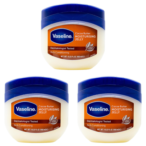 3PK Vaseline 450ml Moisturising Petroleum Jelly Jar Cocoa Butter