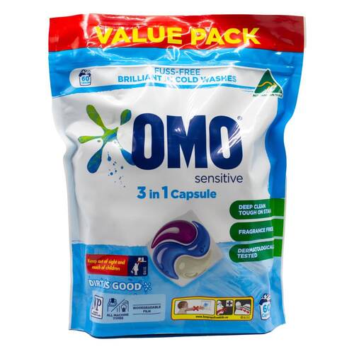60PK OMO Sensitive Laundry Capsule/Pods Dermatologically Tested Value Pack