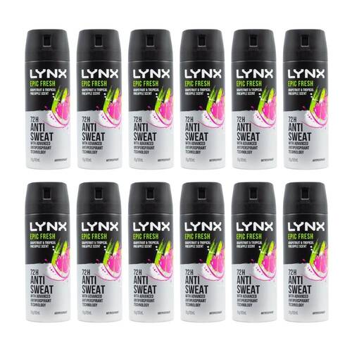 12PK Lynx 72H Anti-Sweat Deodorant Spray Grapefruit & Tropical Pineapple 165ml