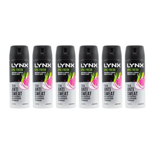 6PK Lynx 72H Anti-Sweat Deodorant Spray Grapefruit & Tropical Pineapple 165ml