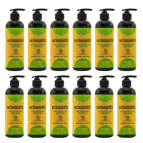 12PK Schmidts 400ml Body Wash Bergamot & Lime w/ Lemon Myrtle Bath Care