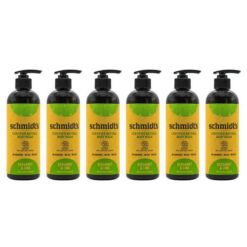 6PK Schmidts 400ml Body Wash Bergamot & Lime w/ Lemon Myrtle Bath Care