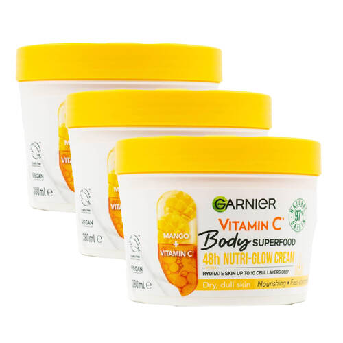 3PK Garnier Body Superfood Nutri-Glow Cream Moisturiser 380ml Mango & Vitamin C