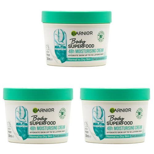3PK Garnier Body Superfood Aloe Vera & Magnesium Nourishing Cream Normal To Dry Skin 380ml