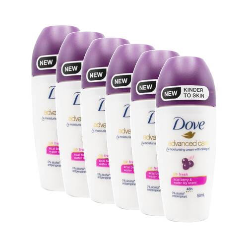 6PK Dove Antiperspirant Roll-On Deodorant 48 Hour 50ml Acai Berry Water Lily
