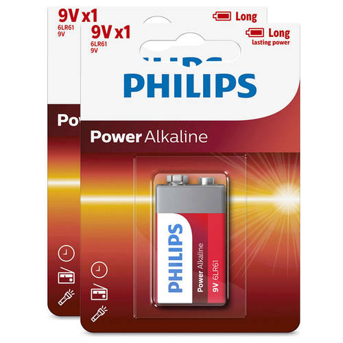 2PK Philips 9V Power Alkaline Battery 6LR61 -  Long Lasting