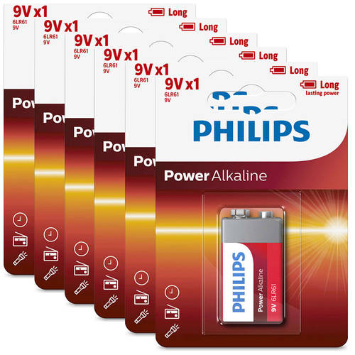 6PK Philips 9V Power Alkaline Battery 6LR61 -  Long Lasting