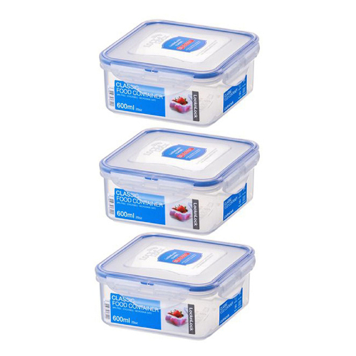 3PK Lock & Lock 600ml Airtight Classic Square Food Container - Clear