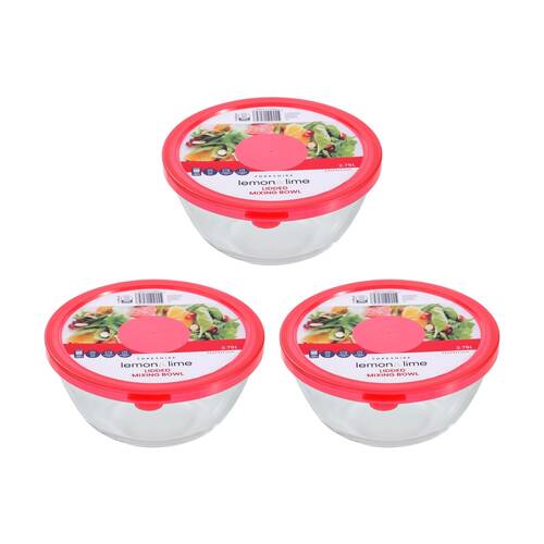 3PK Lemon and Lime Yorkshire Glass Mixing Bowl Lidded 2.75L 23x23x11cm Food Safe