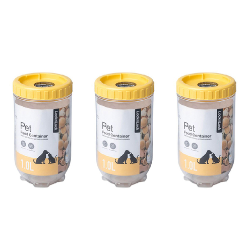 3PK Lock & Lock 1L Airtight Cat/Dog Pet Interlock Wet/Dry Food Storage - Yellow