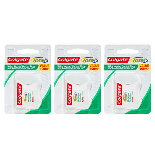3x 100m Colgate Waxed Dental. Floss - Mint